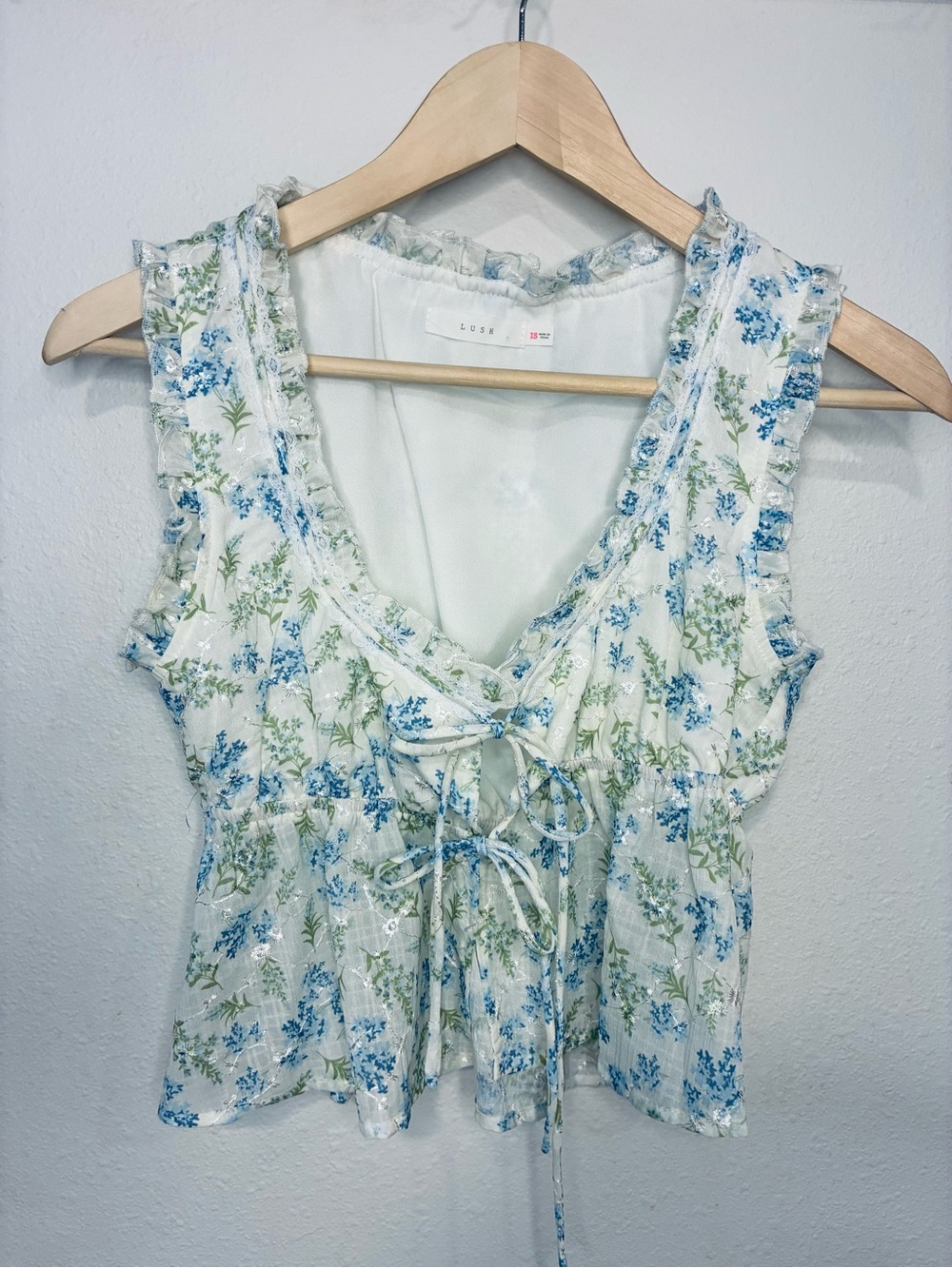 Lush White Floral Tie-Front Camisole with Blue & Green Print